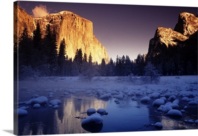 California, Yosemite National Park, Sunset Over El Capitan And Snowy Merced River