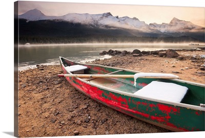 Canoe On Misty Fall Morning, Maligne Lake, Jasper National Park, Alberta, Canada