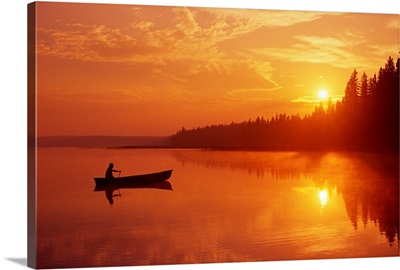 Canoeing On Child's Lake At Sunrise, Manitoba, Canada