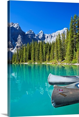 Canoes In Moraine Lake, Banff National Park, Alberta, Canada