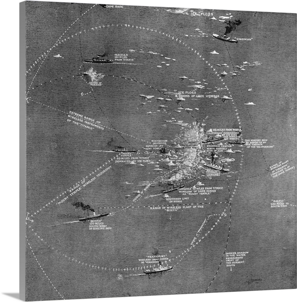 Chart Of The Rms Titanic Wreck Site Showing Ships Within Call By Wireless At The Time Of The Collision.