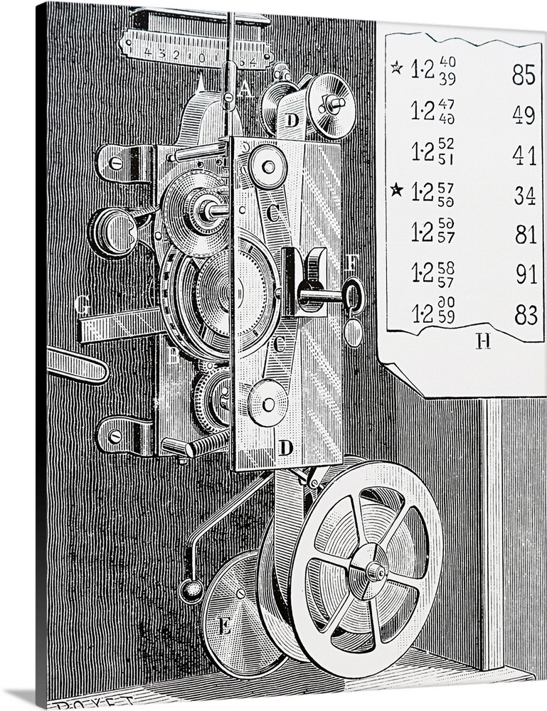 Illustration depicting a check clock, used by workmen to record the time they would start and finish work. Dated 19th Cent...