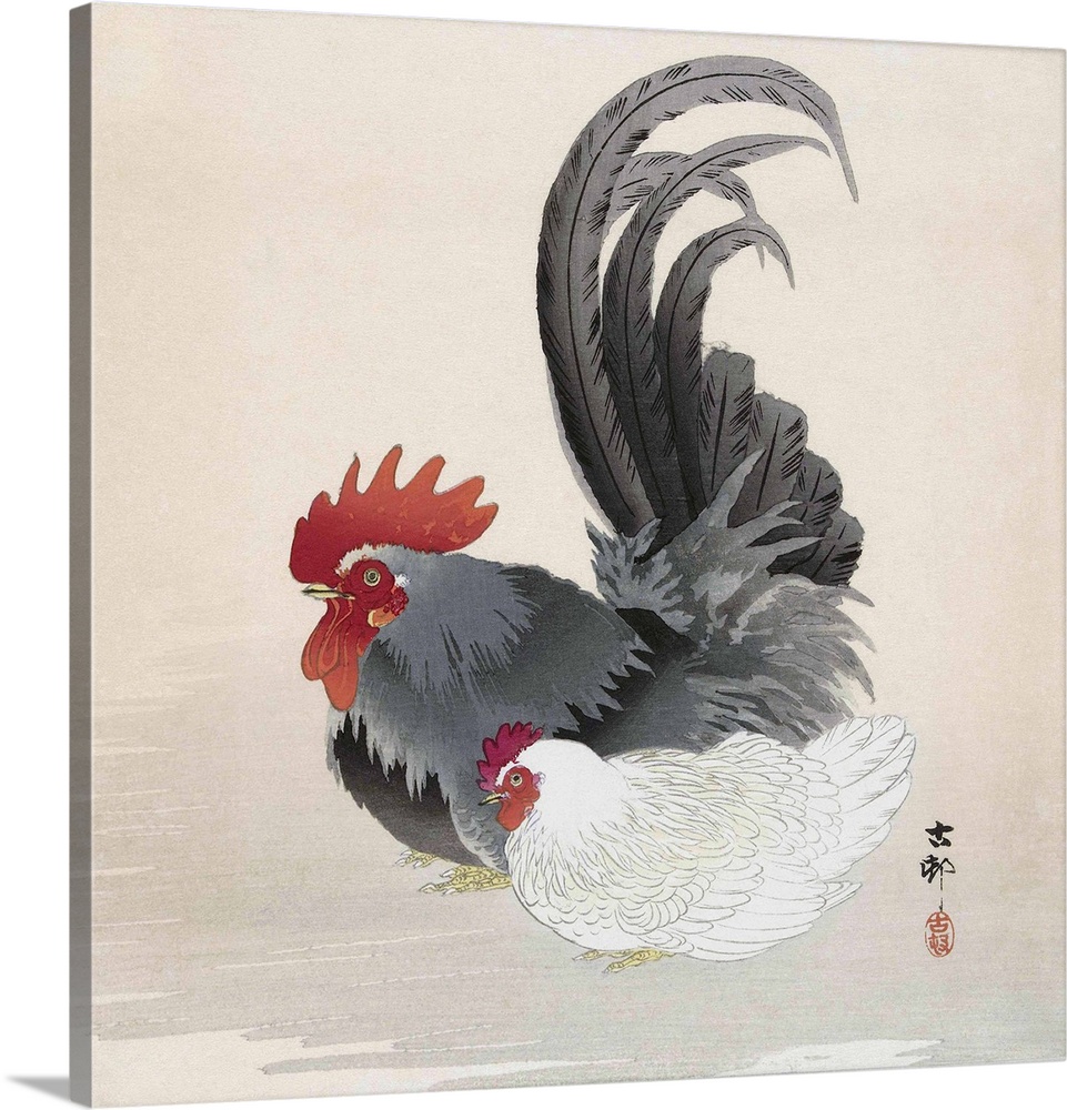 Chicken and Rooster, by Japanese artist Ohara Koson, 1877 - 1945.  Ohara Koson was part of the shin-hanga, or new prints m...