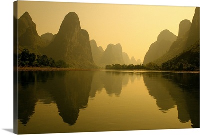 China, Guilin, Piled Silk Mountains, Li River With Reflections In Water