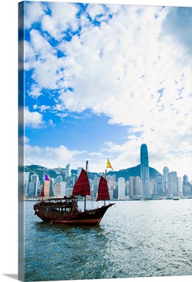 China, Hong Kong Island, Victoria Harbor, Traditional Chinese Junk boat