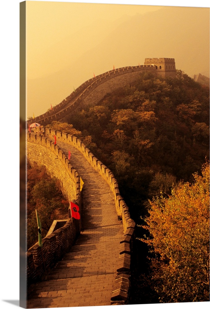 China, Mu Tian Yu, The Great Wall With Misty Yellow Sky, Flags Along Wall