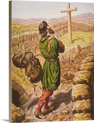 Christian Loses His Burden At The Cross. From The Book The Pilgrim's Progress