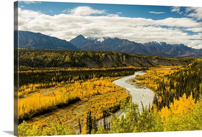 Chugach Mountains with the Matanuska River and valley in autumn in Alaska