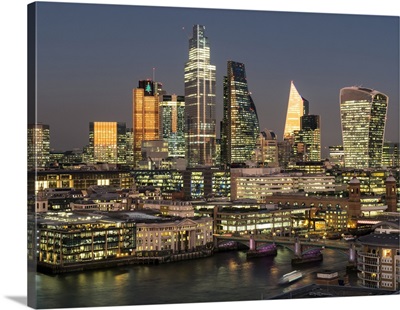 Cityscape And Skyline Of London At Dusk With The River Thames, London, England