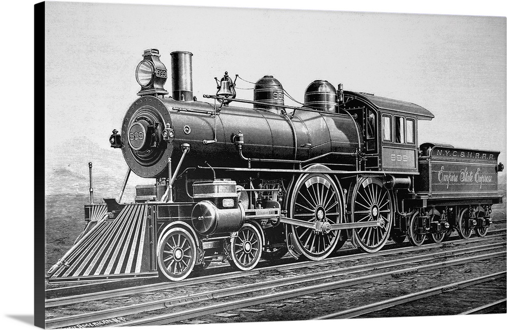 Engraving depicting a Class 999 locomotive used on the New York Central and Hudson River Railroad. Dated 19th century.