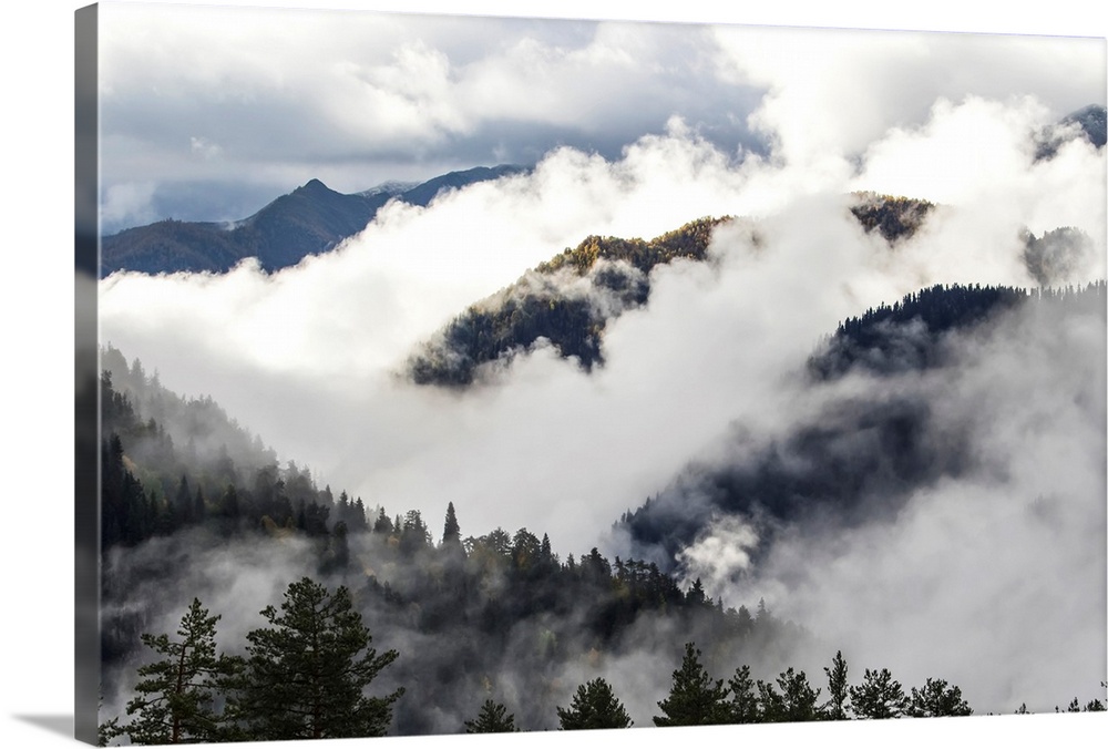 Clouds in the forested valleys between Mestia and Ushguli, Upper Svaneti, Samegrelo-Zemo Svaneti, Georgia.