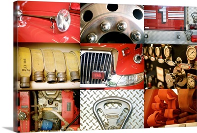 Collage Of A Red Firetruck And All Its Components