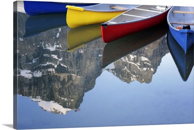 Colorful Canoes At Moraine Lake, Banff, Alberta, Canada