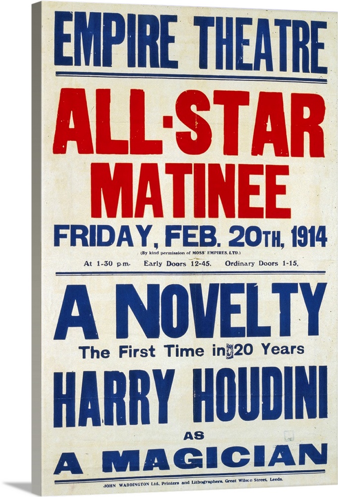 Colour lithograph, poster format, advertising Harry Houdini's first novelty in 20 years. Houdini, was a Hungarian-American...