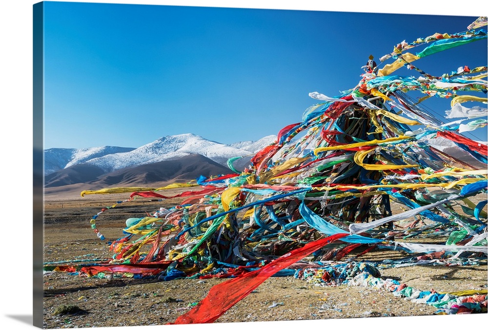 Colourful Tibetan prayer flags (Lung ta) under the strong wind with white mountain tops in the background, Qinghai provinc...