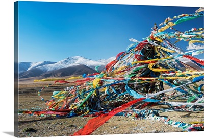 Colourful Tibetan prayer flags under the strong wind, Qinghai province, Tibet