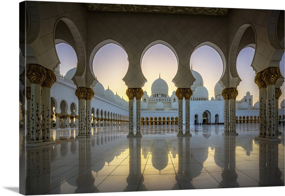 Columns and arches of the Grand Mosques at sunset.