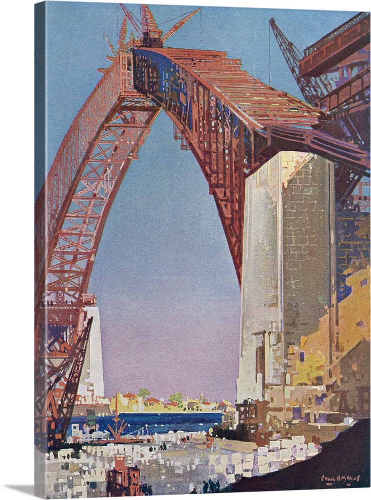 Completing the arch of Sydney Harbour Bridge, Australia.  From The Wonder Book of Science, published 1930's.