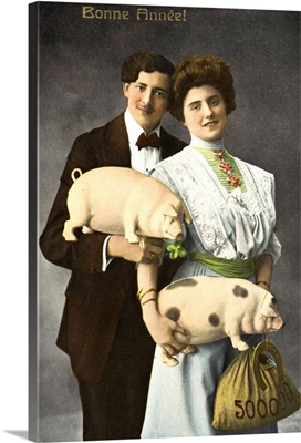 Couple holding pigs and bag of money with text "Bonne Annee!"