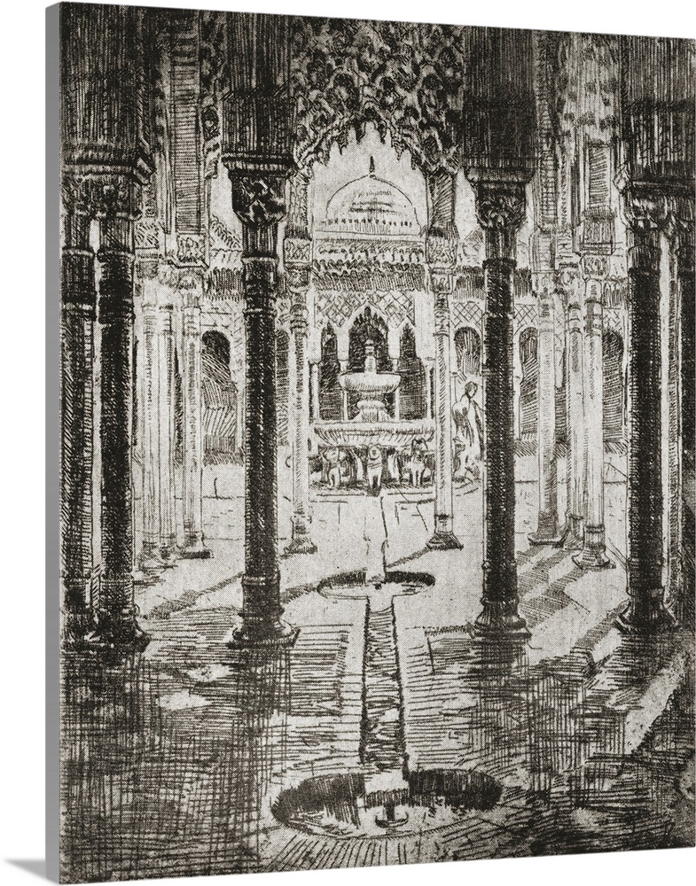 Court Of Lions, Alhambra Palace, Granada, Spain. Etching By Ada C. Williamson From The Book "Tawny Spain," Published 1927.