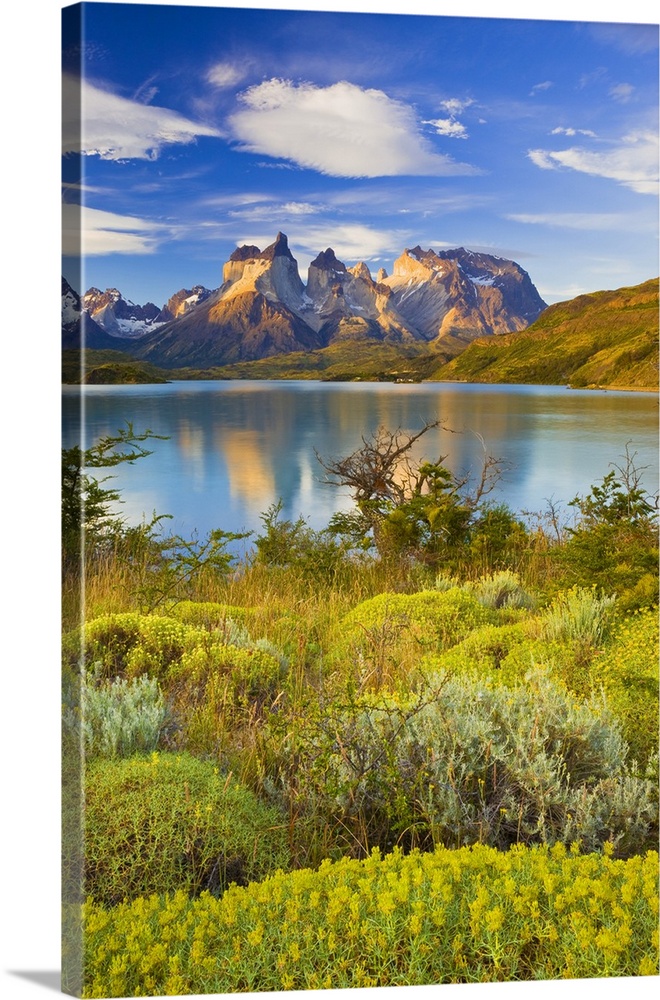 Cuernos del Paine reflected in Lago Pehoe at sunrise, Torres del Paine National Park, Magallenes, Patagonia, Chile