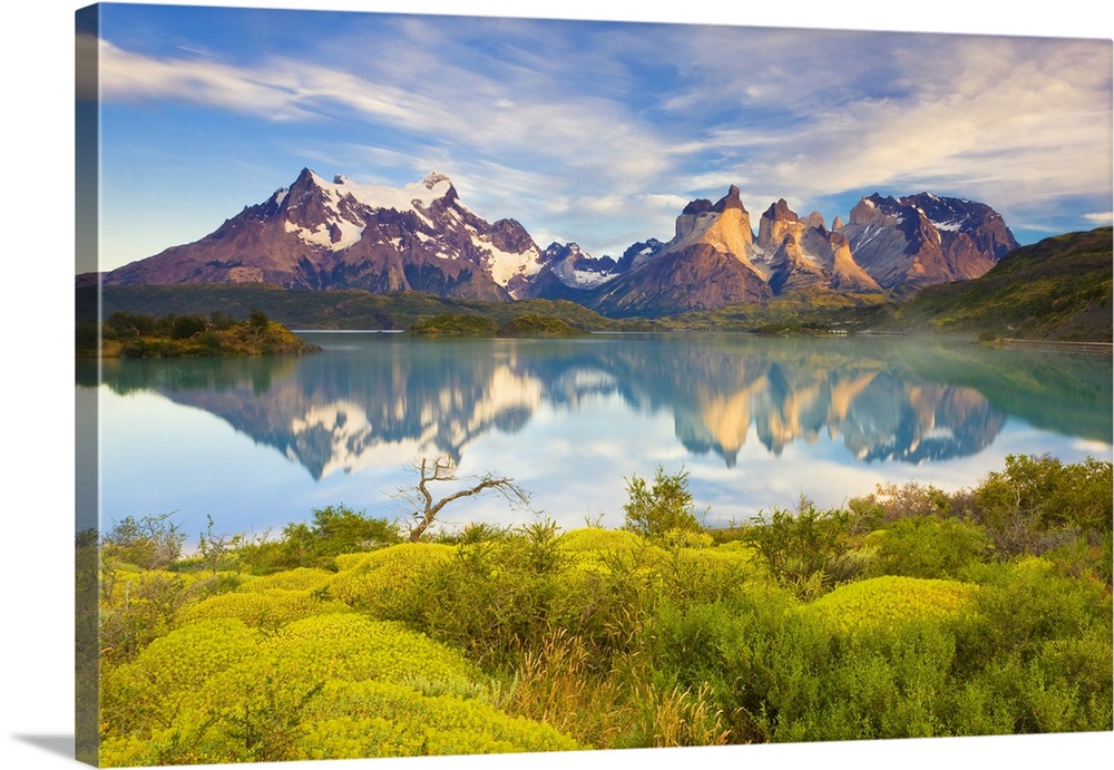 Cuernos del Paine reflected in Lago Pehoe at sunrise, Torres del Paine National Park, Magallenes, Patagonia, Chile