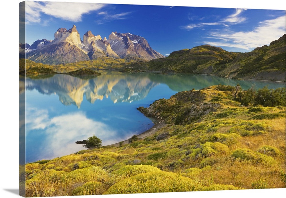 Cuernos del Paine reflected in Lago Pehoe in Torres del Paine National Park, Magallenes, Patagonia, Chile