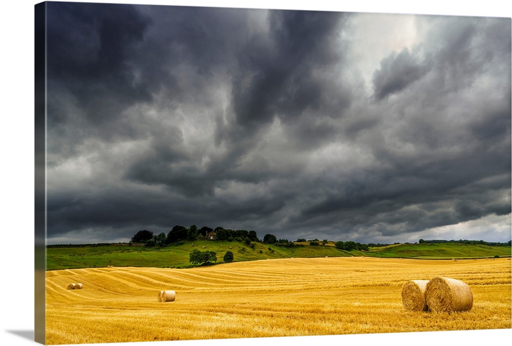 Dark storm clouds roll over a golden farm field with hay bales; Ravensworth, North Yorkshire, England