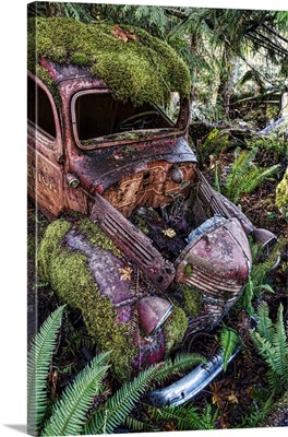 Derelict Motor Car In A Ditch, Vancouver Island, British Columbia, Canada