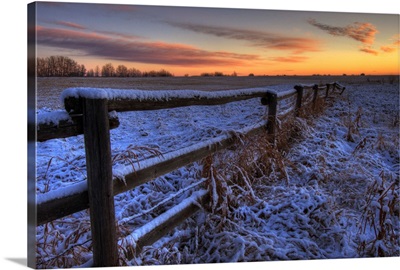 Early Morning Snow On A Cattle Fence, Rural Alberta, Canada