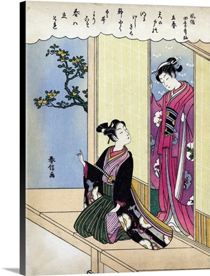 Early Spring' By Harunobu Suzuki, A Man Sitting On A Veranda, Turned To Look At A Woman