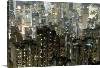 Elevated View Of Apartment Blocks At Night; Hong Kong, China