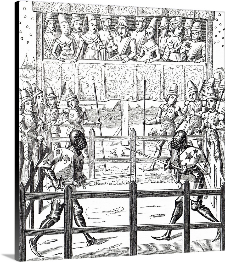 Engraving depicting a duel between unmounted armoured knights. The winner would have been deemed to have 'proved' his case...