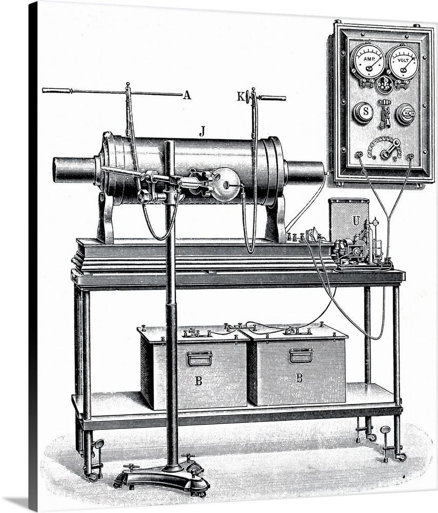 Engraving depicting a general view of early xray apparatus powered by wet cells. Dated 20th Century.