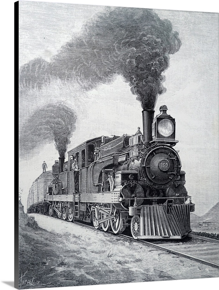 Engraving depicting a locomotive built for the Mexican Central Railroad. 19th century.