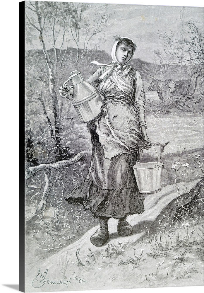 Engraving depicting a milkmaid in Normandy. Dated 19th Century.