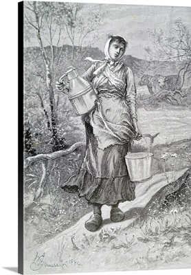 Engraving Depicting A Milkmaid In Normandy, Dated 19th Century