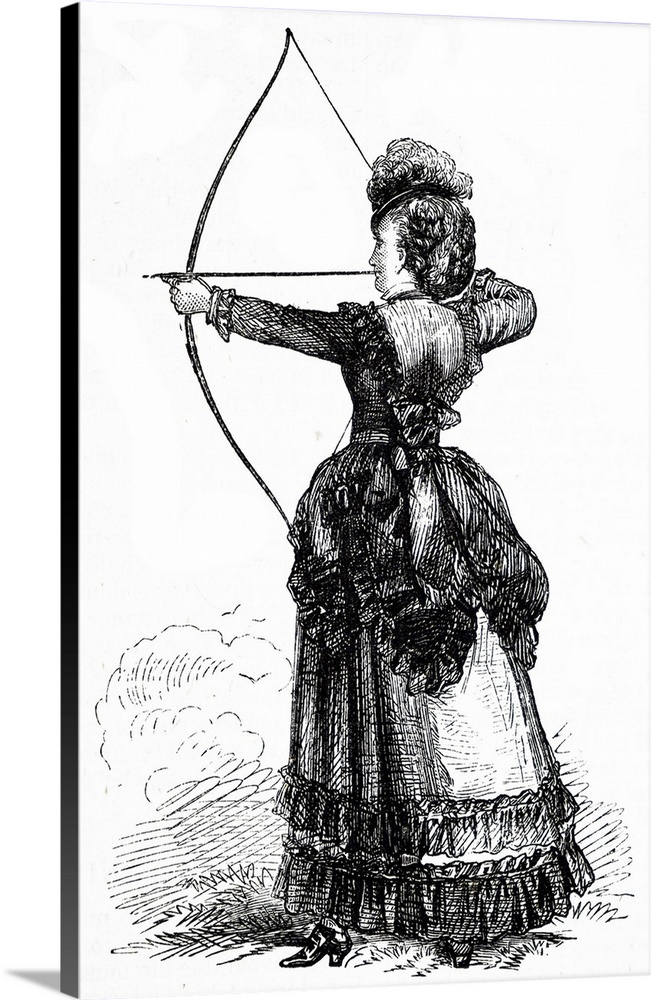 Engraving depicting a young lady practising her archery skills. Dated 19th century.