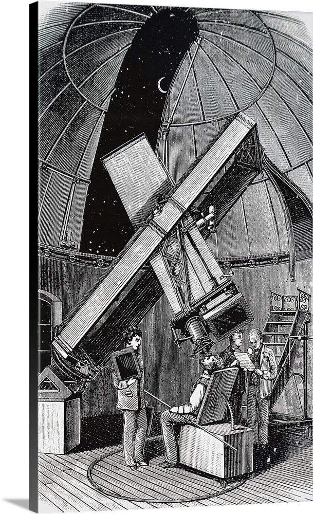 Engraving depicting the photographic telescope within the Paris Observatory. Dated 19th Century.