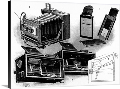 Engraving Depicting Various Types Of Early Cameras, Dated 20th Century