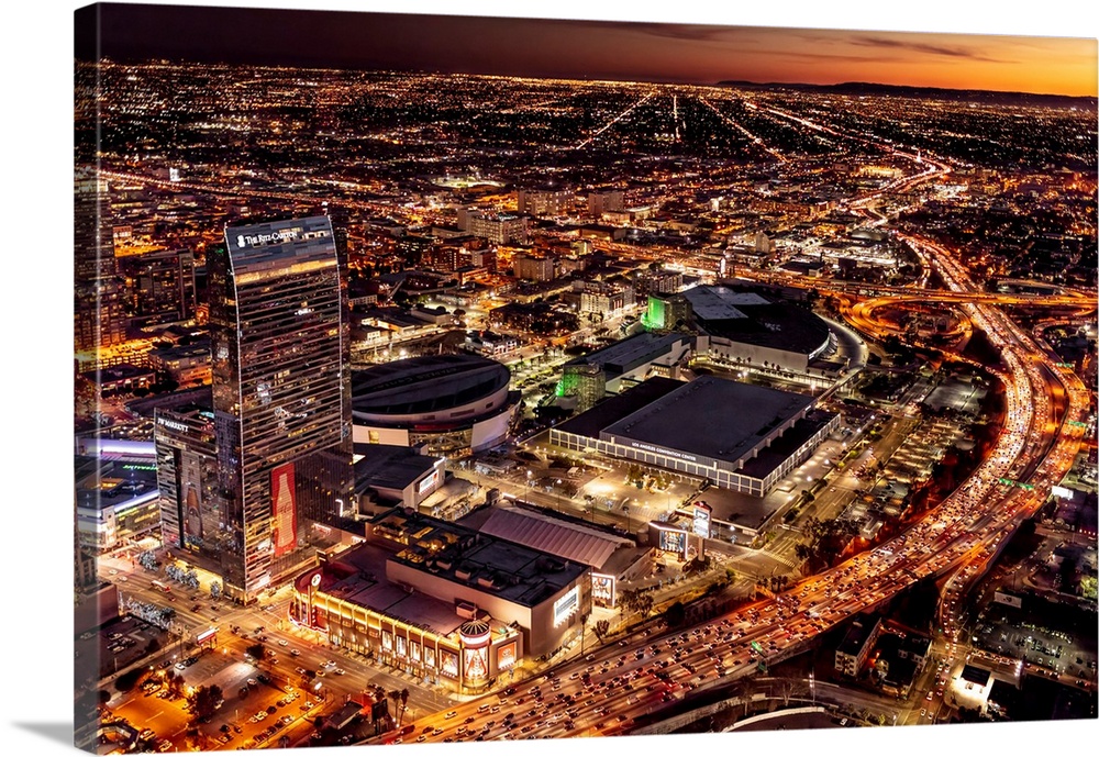 Evening aerial view of a hotel and convention center in the city of Los Angeles, California, united states of America.