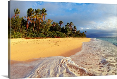 Fiji, Waves Washing Onto Tropical Beach, Palm Trees, Cloudy Sky