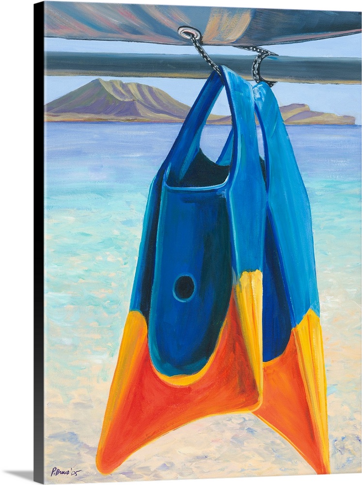 Fins, Colorful Swim Fins Hanging From Sailboat Tie (Acrylic Painting).