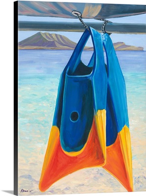 Fins, Colorful Swim Fins Hanging From Sailboat Tie