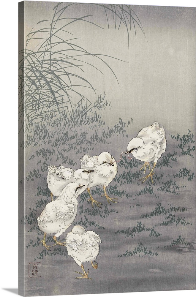 Five Chicks, by Japanese artist Ohara Koson, 1877 - 1945.  Ohara Koson was part of the shin-hanga, or new prints movement.