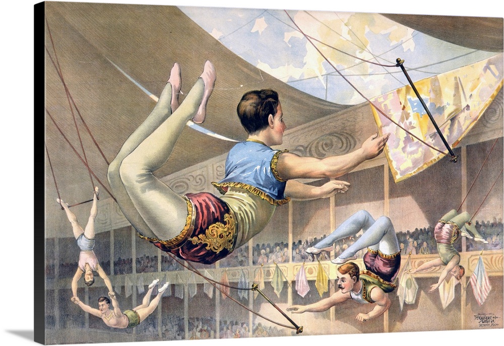 Five male trapeze artists performing at a circus c1890.