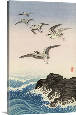 Five Seagulls Above A Rock In The Sea By Japanese Artist Ohara Koson