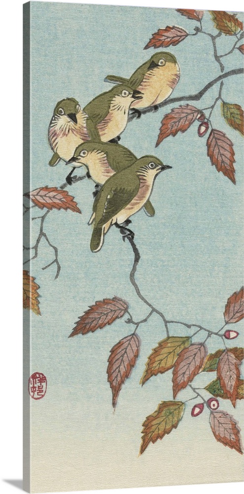 Five Small Birds on a Twig, by Japanese artist Ohara Koson, 1877 - 1945.  Ohara Koson was part of the shin-hanga, or new p...