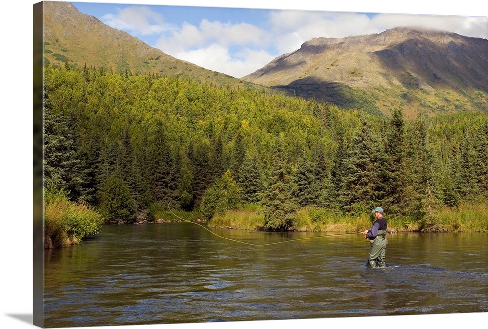 Fly Fisherman Casting for Rainbow Trout or Dolly Varden - Quartz Creek - Kenai Peninsula Alaska - Kenai Mountains