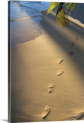 Footprints In Sand At Water's Edge, Soft Warm Golden Light
